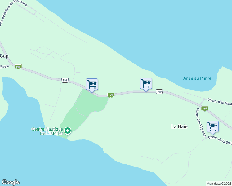 map of restaurants, bars, coffee shops, grocery stores, and more near 387 Québec 199 in Grande-Entrée