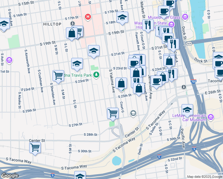 map of restaurants, bars, coffee shops, grocery stores, and more near 2356 Yakima Court in Tacoma