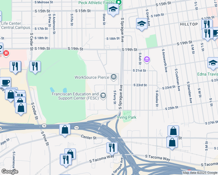 map of restaurants, bars, coffee shops, grocery stores, and more near 2121 South State Street in Tacoma