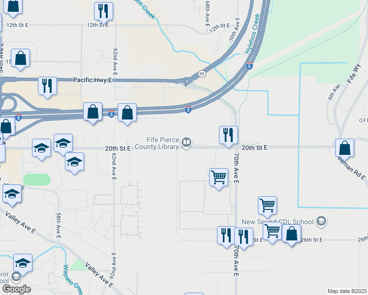map of restaurants, bars, coffee shops, grocery stores, and more near 6643 20th Street East in Fife