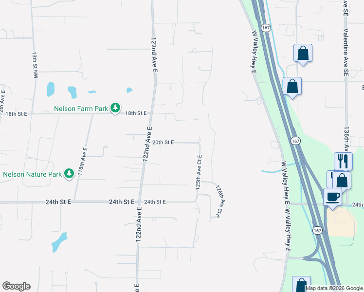 map of restaurants, bars, coffee shops, grocery stores, and more near 12327 20th Street East in Edgewood