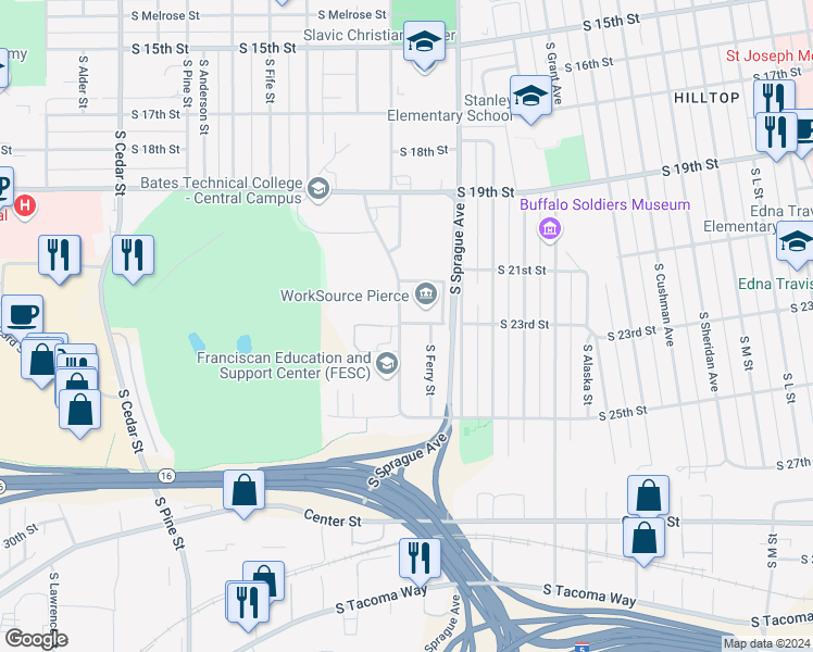 map of restaurants, bars, coffee shops, grocery stores, and more near 2121 South State Street in Tacoma