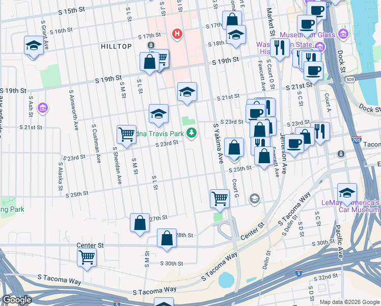 map of restaurants, bars, coffee shops, grocery stores, and more near 2346 South I Street in Tacoma