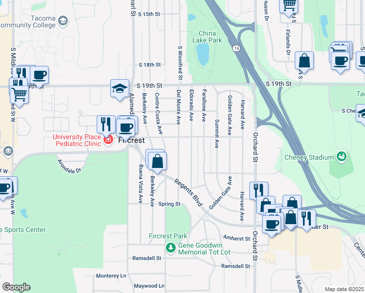 map of restaurants, bars, coffee shops, grocery stores, and more near 302 Eldorado Avenue in Fircrest