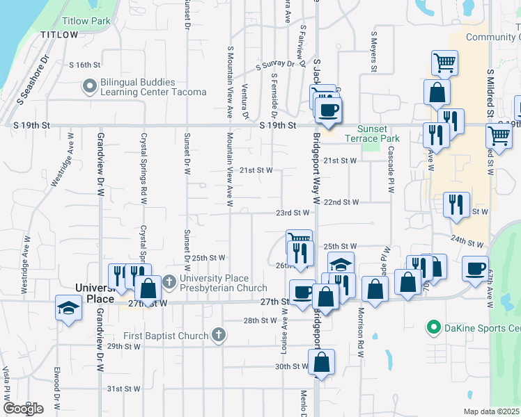 map of restaurants, bars, coffee shops, grocery stores, and more near 7806 22nd Street Court West in Tacoma