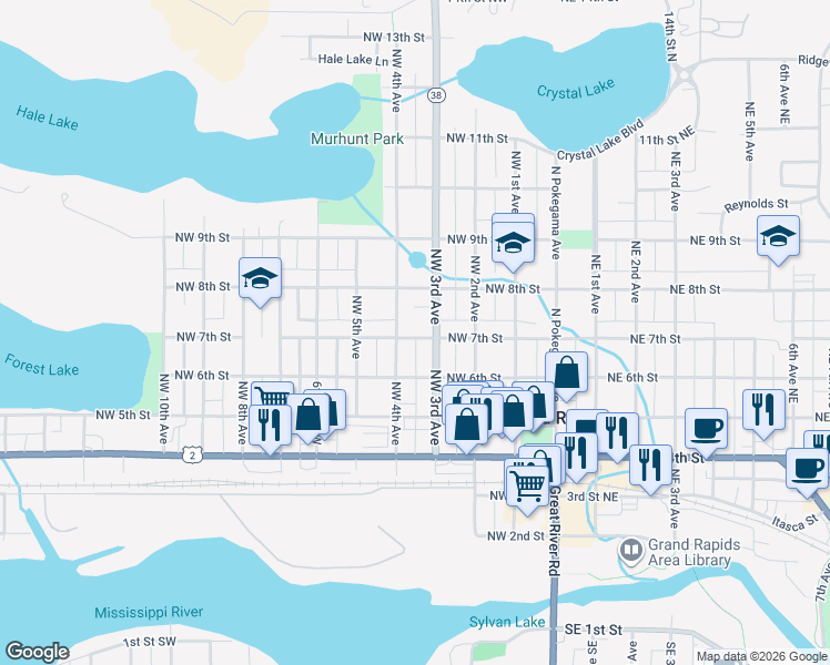 map of restaurants, bars, coffee shops, grocery stores, and more near 311 Northwest 7th Street in Grand Rapids