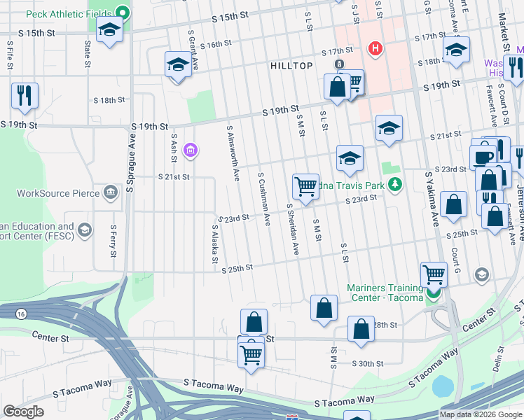 map of restaurants, bars, coffee shops, grocery stores, and more near 2143 South Ainsworth Avenue in Tacoma