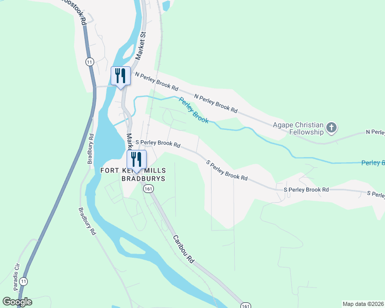 map of restaurants, bars, coffee shops, grocery stores, and more near 46 South Perley Brook Road in Fort Kent