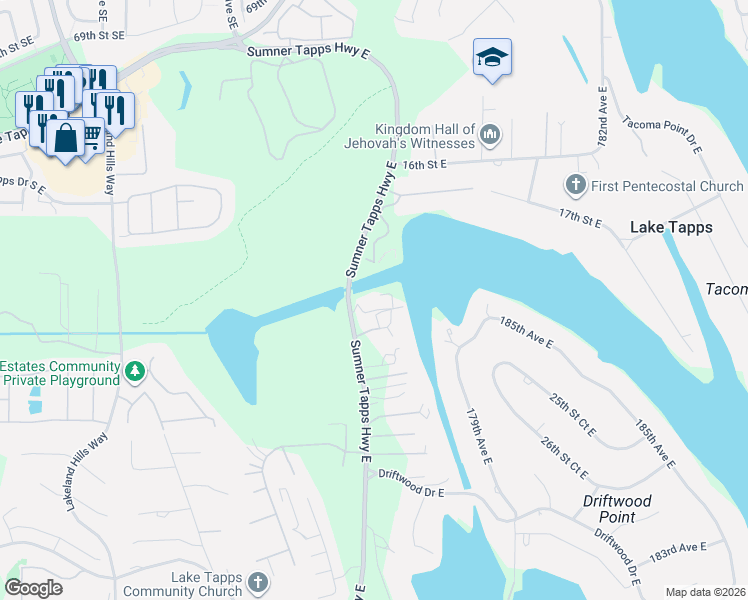 map of restaurants, bars, coffee shops, grocery stores, and more near 2005 Sumner Tapps Highway East in Lake Tapps