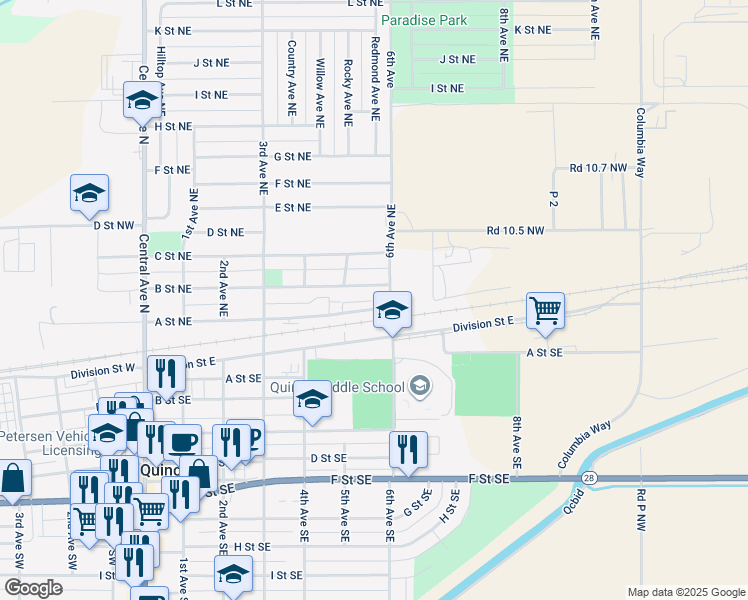 map of restaurants, bars, coffee shops, grocery stores, and more near 713 A Street Northeast in Quincy