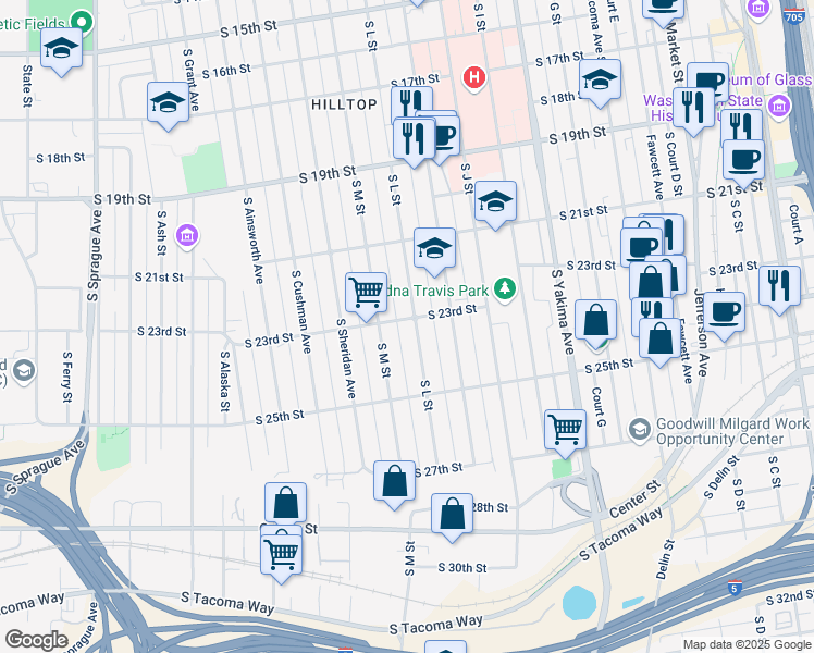 map of restaurants, bars, coffee shops, grocery stores, and more near 2302 South L Street in Tacoma