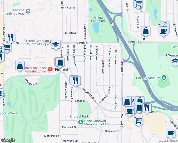 map of restaurants, bars, coffee shops, grocery stores, and more near 302 Eldorado Avenue in Fircrest