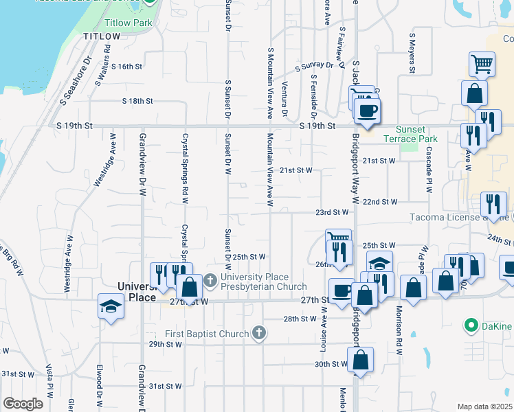 map of restaurants, bars, coffee shops, grocery stores, and more near 2214 Mountain View Avenue West in University Place