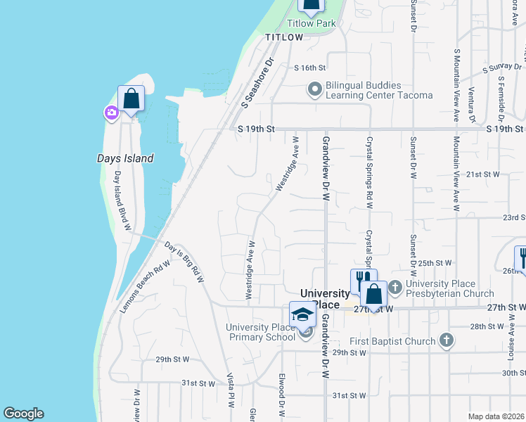 map of restaurants, bars, coffee shops, grocery stores, and more near 2220 Westridge Avenue West in Tacoma