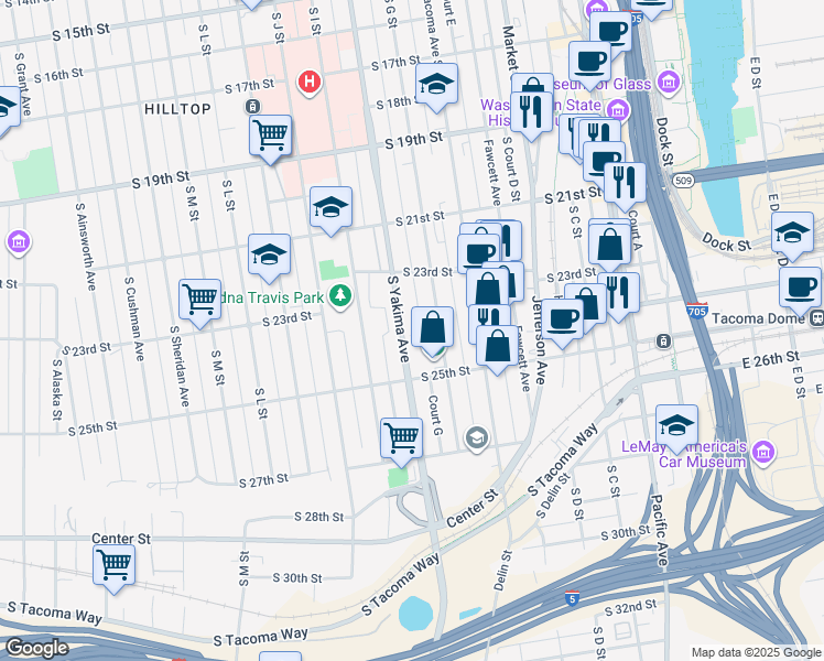 map of restaurants, bars, coffee shops, grocery stores, and more near 2350 Court G in Tacoma