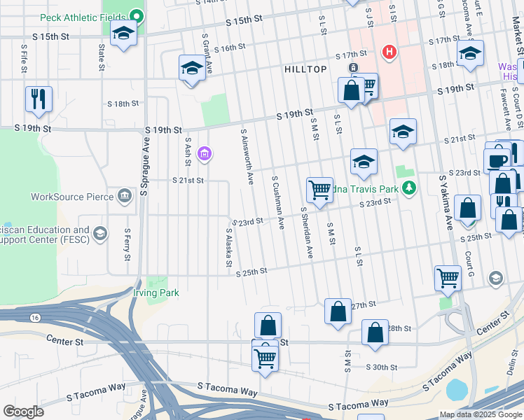 map of restaurants, bars, coffee shops, grocery stores, and more near 2143 South Ainsworth Avenue in Tacoma