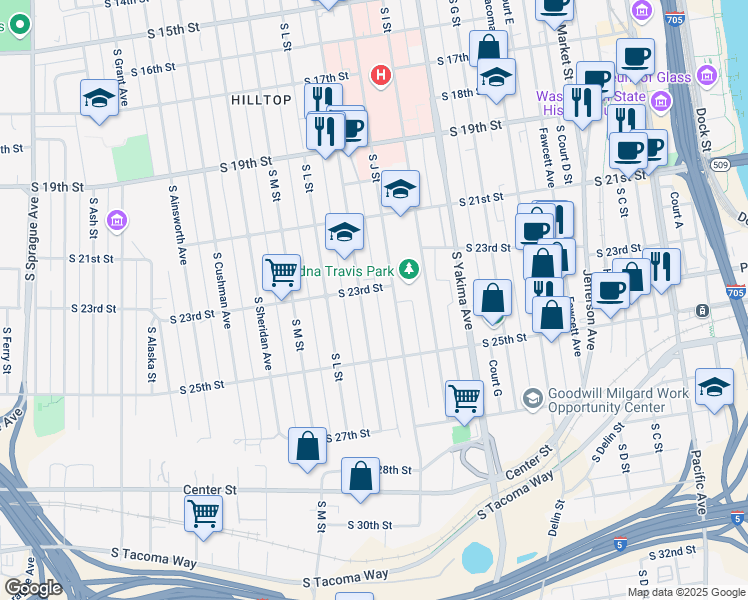 map of restaurants, bars, coffee shops, grocery stores, and more near 1018 South 23rd Street in Tacoma