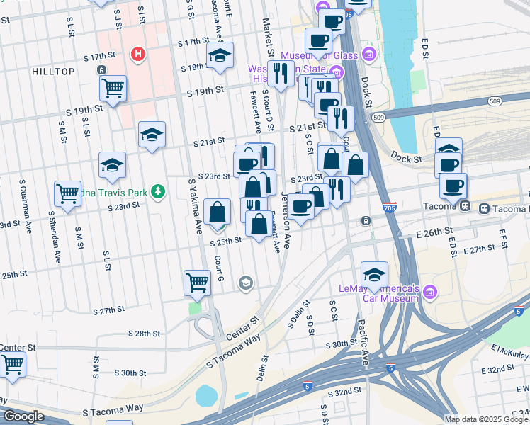 map of restaurants, bars, coffee shops, grocery stores, and more near 2342 Fawcett Avenue in Tacoma