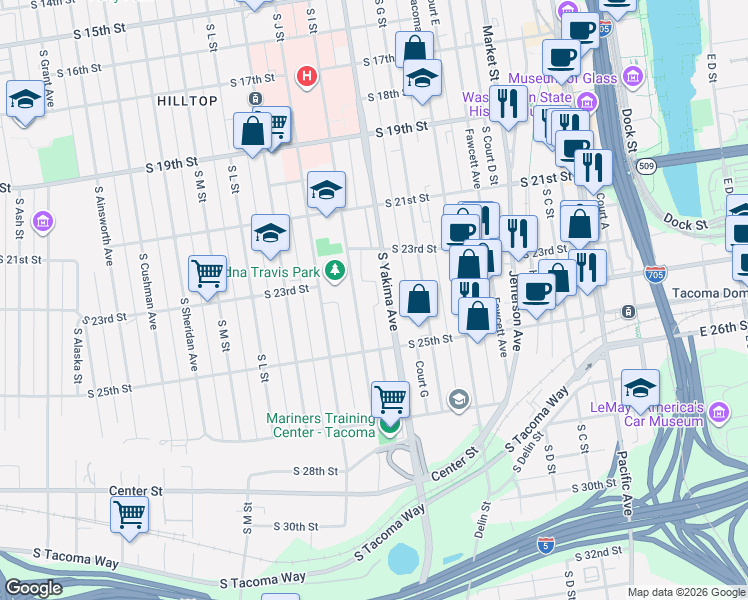 map of restaurants, bars, coffee shops, grocery stores, and more near 2356 Yakima Court in Tacoma