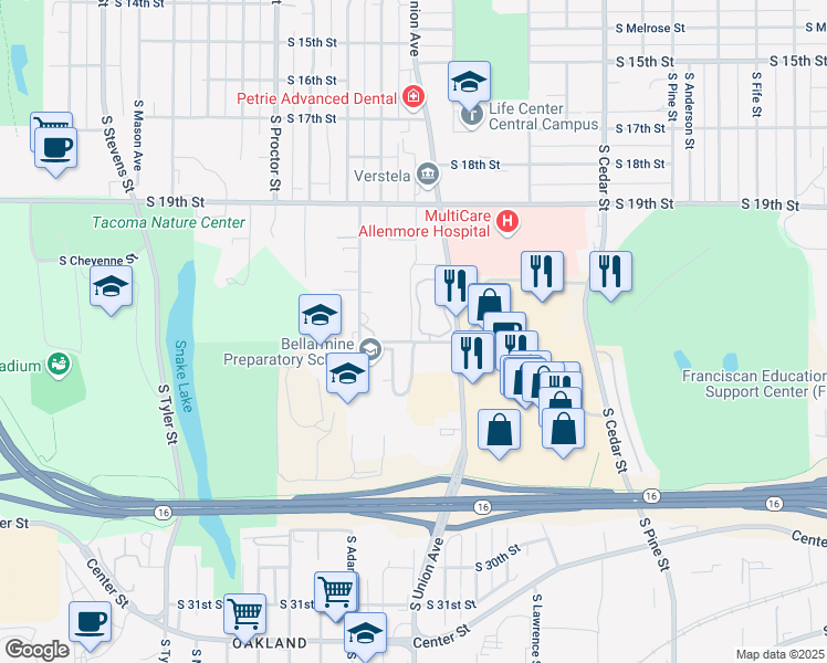 map of restaurants, bars, coffee shops, grocery stores, and more near 3615 South 23rd Street in Tacoma
