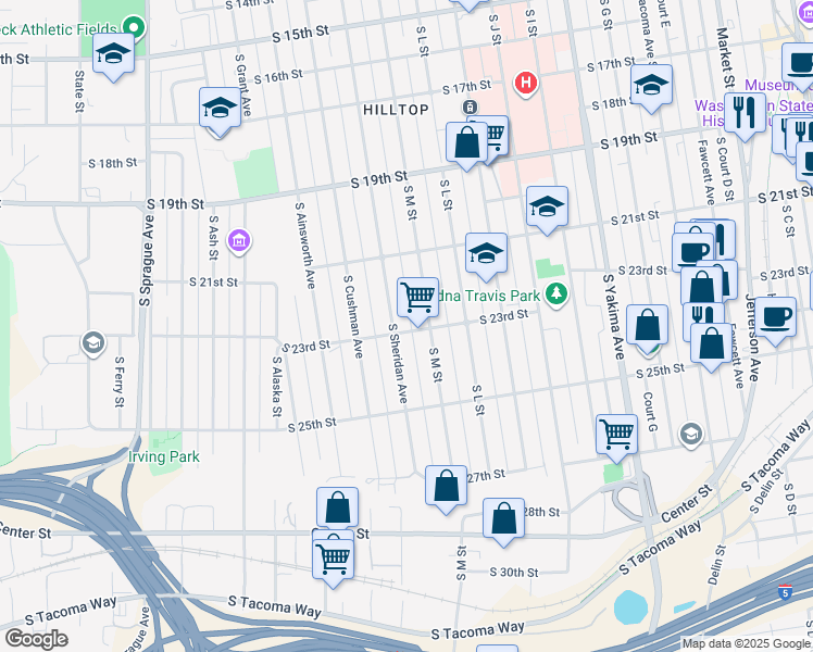 map of restaurants, bars, coffee shops, grocery stores, and more near 1315 South 23rd Street in Tacoma