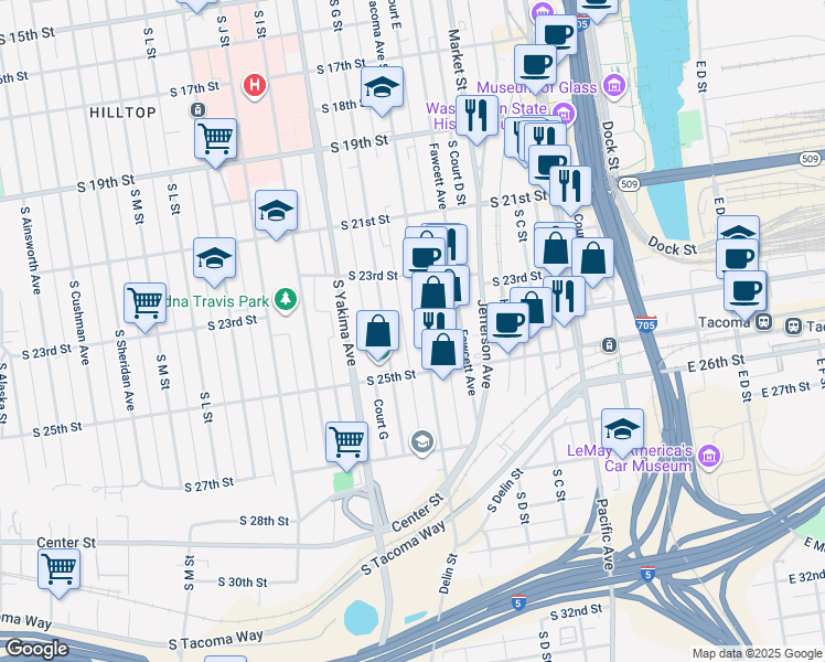 map of restaurants, bars, coffee shops, grocery stores, and more near 2338 Tacoma Avenue South in Tacoma