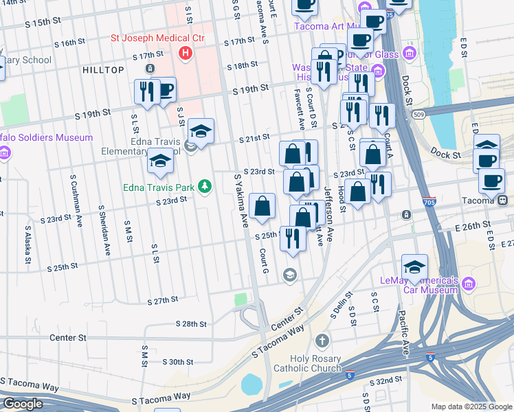 map of restaurants, bars, coffee shops, grocery stores, and more near 2341 Court G in Tacoma