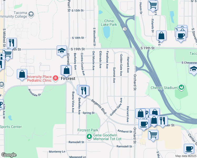 map of restaurants, bars, coffee shops, grocery stores, and more near 302 Eldorado Avenue in Fircrest