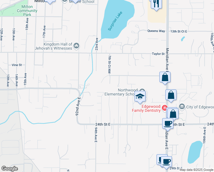 map of restaurants, bars, coffee shops, grocery stores, and more near 9518 18th Street Court East in Puyallup