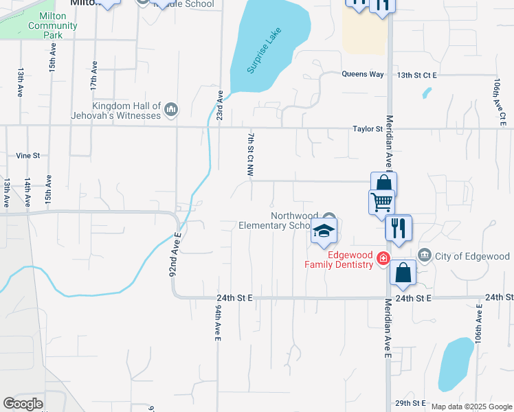 map of restaurants, bars, coffee shops, grocery stores, and more near 9518 18th Street Court East in Puyallup