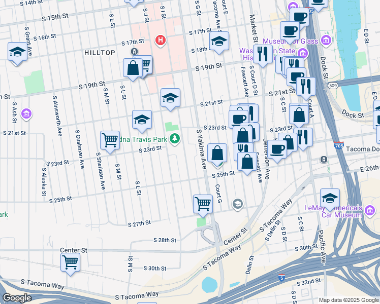 map of restaurants, bars, coffee shops, grocery stores, and more near 2356 Yakima Court in Tacoma