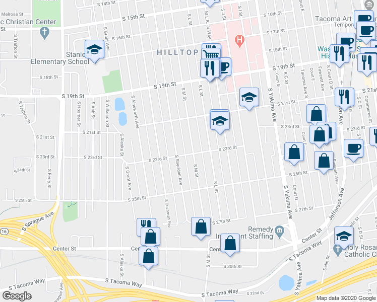 map of restaurants, bars, coffee shops, grocery stores, and more near 1315 South 23rd Street in Tacoma