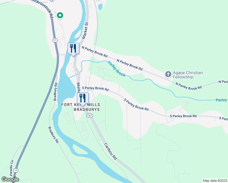 map of restaurants, bars, coffee shops, grocery stores, and more near 46 South Perley Brook Road in Fort Kent