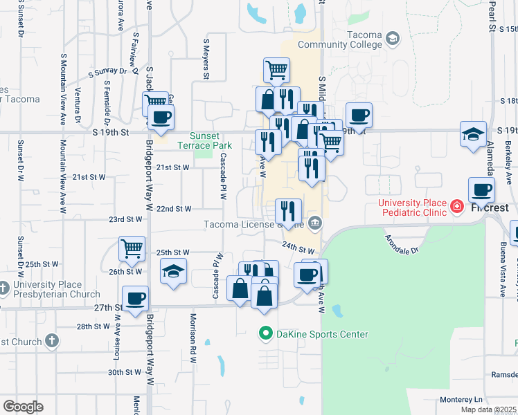 map of restaurants, bars, coffee shops, grocery stores, and more near 2210 70th Avenue West in University Place