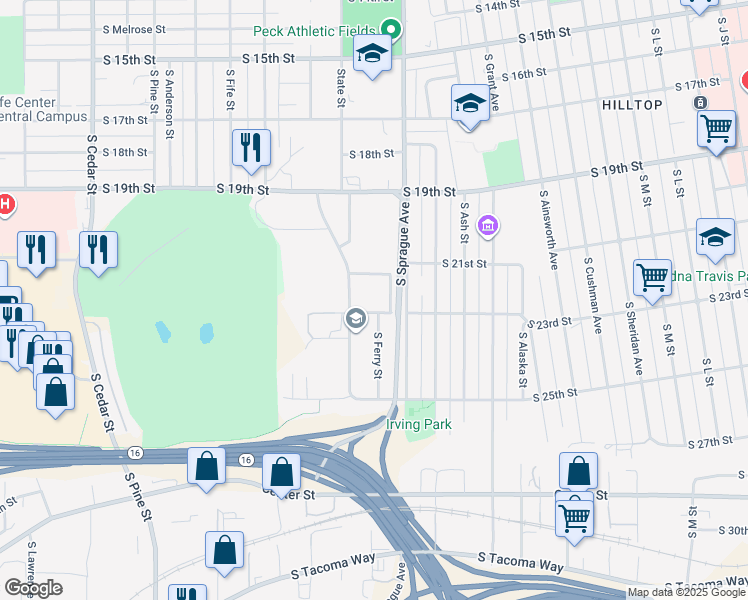map of restaurants, bars, coffee shops, grocery stores, and more near 2121 South State Street in Tacoma