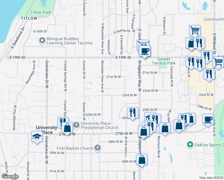 map of restaurants, bars, coffee shops, grocery stores, and more near 7806 22nd Street Court West in Tacoma