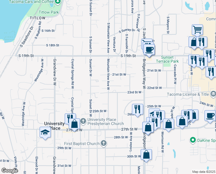 map of restaurants, bars, coffee shops, grocery stores, and more near 2214 Mountain View Avenue West in University Place