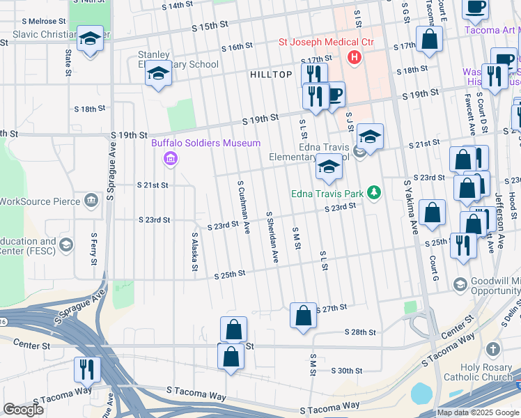 map of restaurants, bars, coffee shops, grocery stores, and more near 2146 South Sheridan Avenue in Tacoma