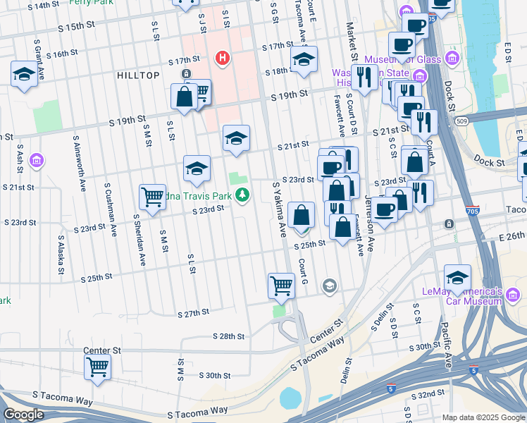 map of restaurants, bars, coffee shops, grocery stores, and more near 2356 Yakima Court in Tacoma