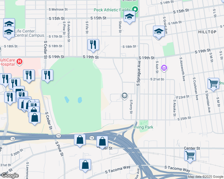 map of restaurants, bars, coffee shops, grocery stores, and more near 1950 South State Street in Tacoma