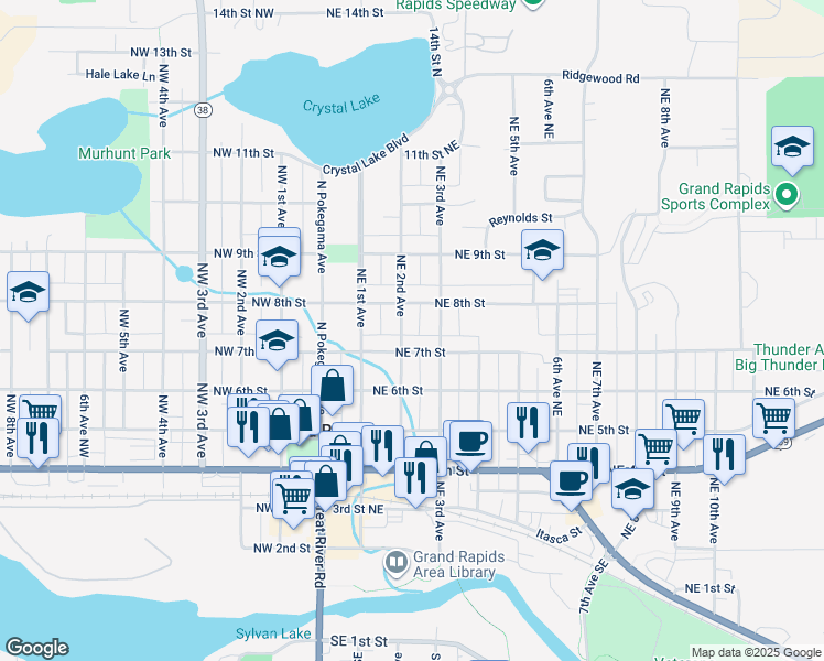 map of restaurants, bars, coffee shops, grocery stores, and more near 716 Northeast 2nd Avenue in Grand Rapids