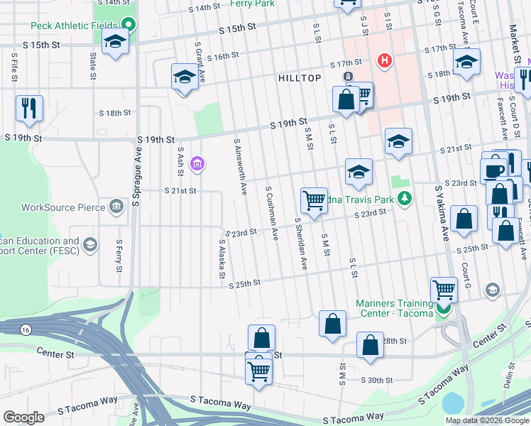 map of restaurants, bars, coffee shops, grocery stores, and more near 2143 South Ainsworth Avenue in Tacoma