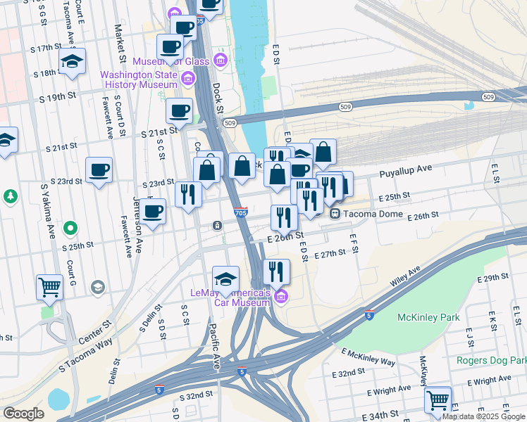 map of restaurants, bars, coffee shops, grocery stores, and more near 201 East 25th Street in Tacoma