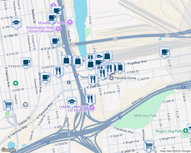 map of restaurants, bars, coffee shops, grocery stores, and more near 321 East 25th Street in Tacoma