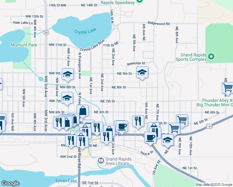map of restaurants, bars, coffee shops, grocery stores, and more near 714 Northeast 3rd Avenue in Grand Rapids