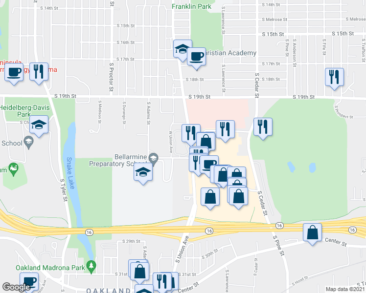 map of restaurants, bars, coffee shops, grocery stores, and more near 2132 South Union Avenue in Tacoma