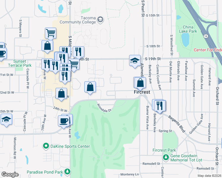 map of restaurants, bars, coffee shops, grocery stores, and more near 1211 Princeton Street in Fircrest