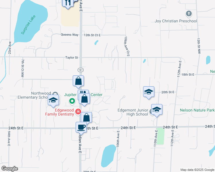 map of restaurants, bars, coffee shops, grocery stores, and more near 1909 104 Avenue East in Edgewood