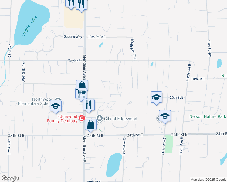 map of restaurants, bars, coffee shops, grocery stores, and more near 1909 104 Avenue East in Edgewood