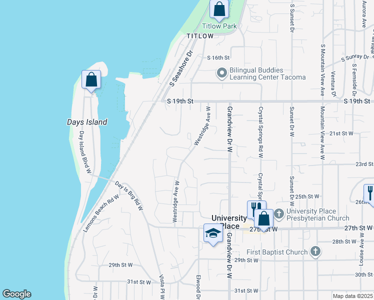 map of restaurants, bars, coffee shops, grocery stores, and more near 2220 Westridge Avenue West in Tacoma
